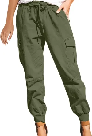 Womens Fashion Cargo Pants Drawstring Elastic Waist Cinched Bottom Trousers Loose Fit Jogger Hiking Pants with Multi Pockets
