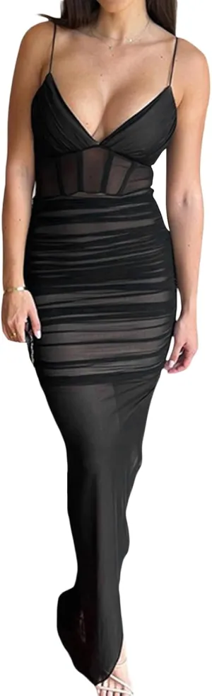 Women's Floral Cutout Bodycon Dress Lace Patchwork Spaghetti Strap Backless Maxi Dress Sexy Party Cocktail Dress