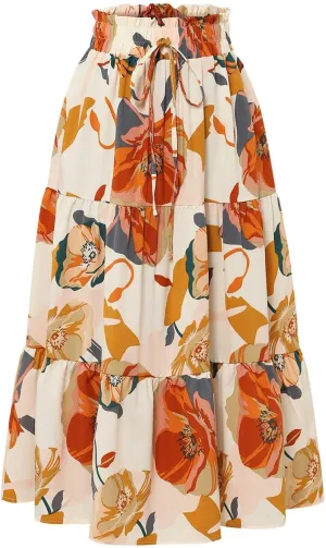 Women's Flowy High Waist A-Line Maxi Skirt Summer Casual Boho Floral Hawaii Beach Skirts Lightweight Long Skirts