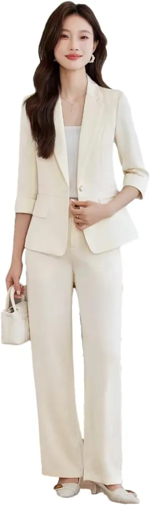 Women's Formal Casual Set Spring Summer Satin Print Thin Small Blazer and Pants Suit