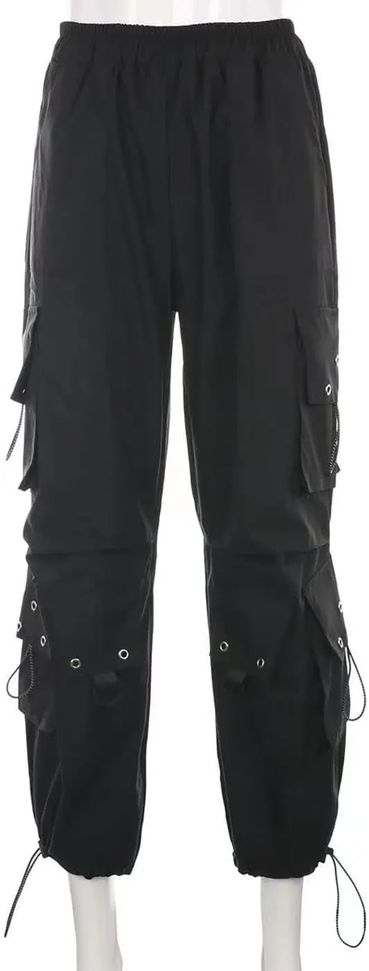 Womens Gothic Pants High Waisted Baggy Cargo Pants Harajuku Y2k Street Loose Punk Pants with Chain