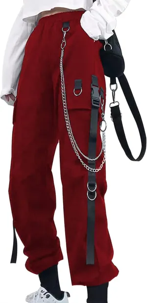 Womens Gothic Pants High Waisted Baggy Cargo Pants Harajuku Y2k Street Loose Punk Pants with Chain