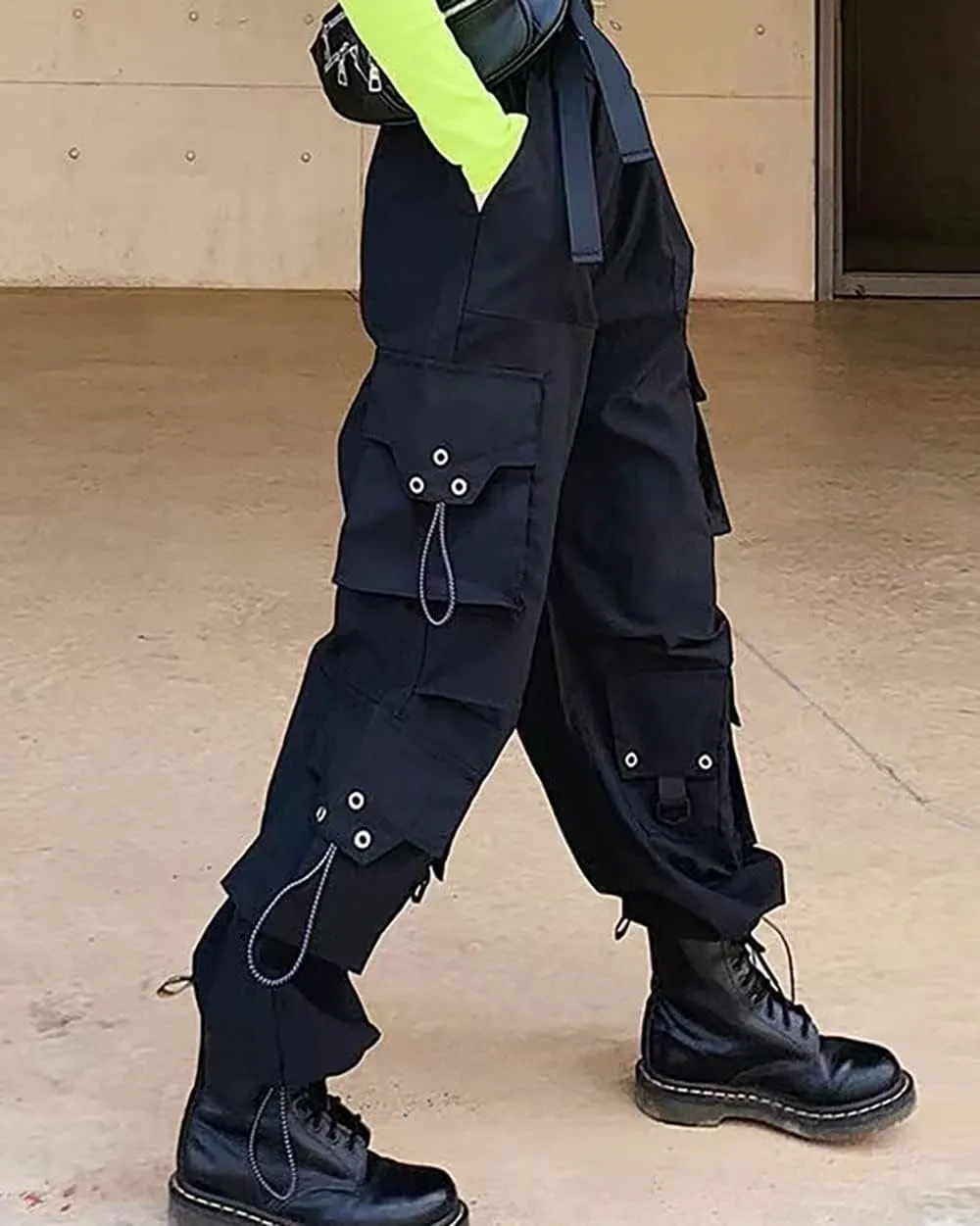 Womens Gothic Pants High Waisted Baggy Cargo Pants Harajuku Y2k Street Loose Punk Pants with Chain