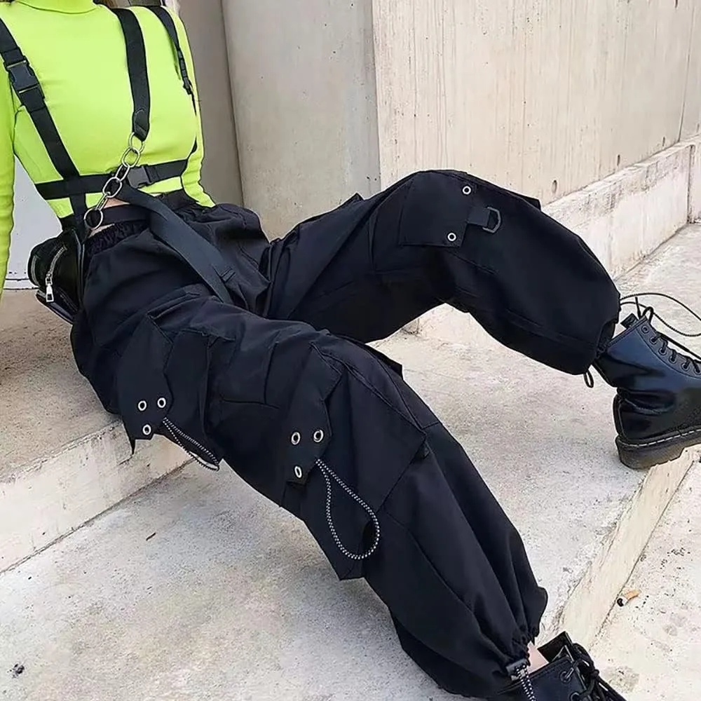 Womens Gothic Pants High Waisted Baggy Cargo Pants Harajuku Y2k Street Loose Punk Pants with Chain
