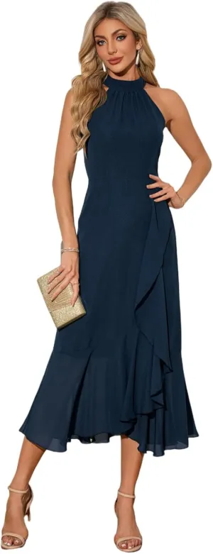 Women's Halter Elegant Cocktail Dress Asymmetrical Formal Dress Long Wedding Guest Dress Maxi Evening Party Dress