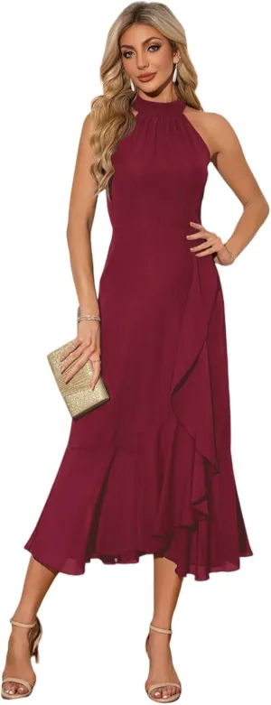 Women's Halter Elegant Cocktail Dress Asymmetrical Formal Dress Long Wedding Guest Dress Maxi Evening Party Dress