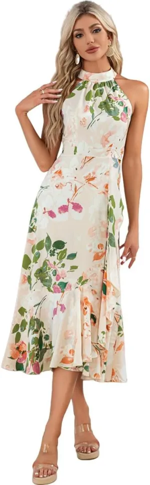 Women's Halter Elegant Cocktail Dress Asymmetrical Formal Dress Long Wedding Guest Dress Maxi Evening Party Dress