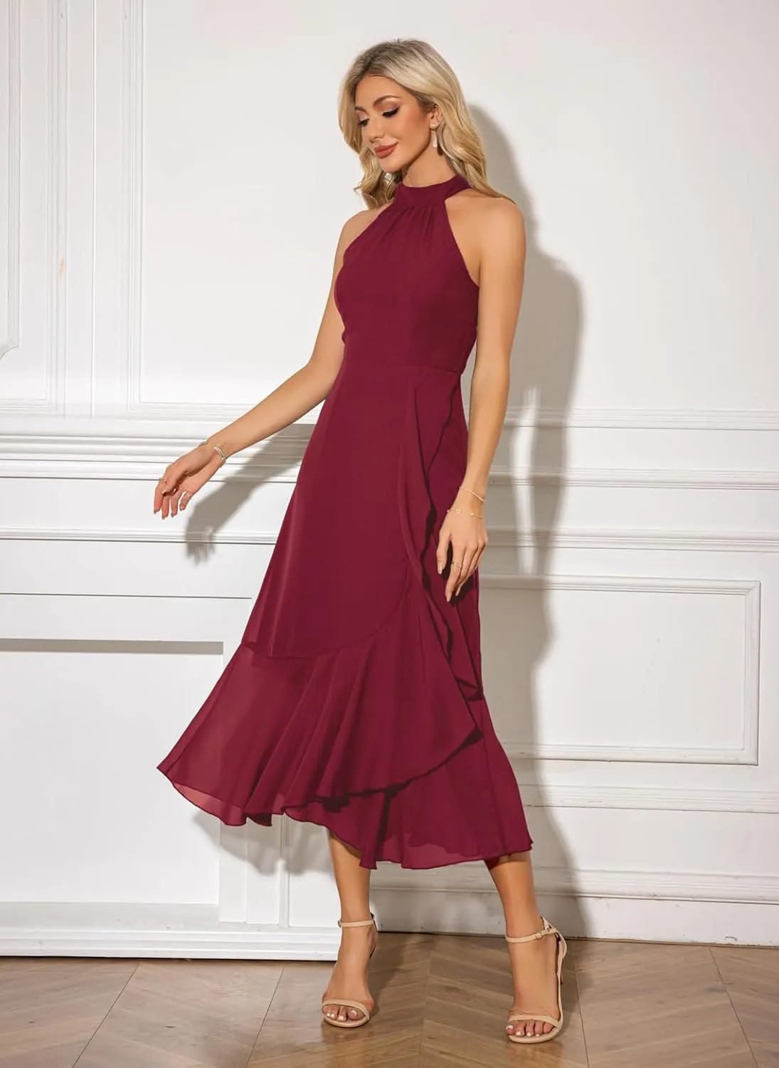 Women's Halter Elegant Cocktail Dress Asymmetrical Formal Dress Long Wedding Guest Dress Maxi Evening Party Dress