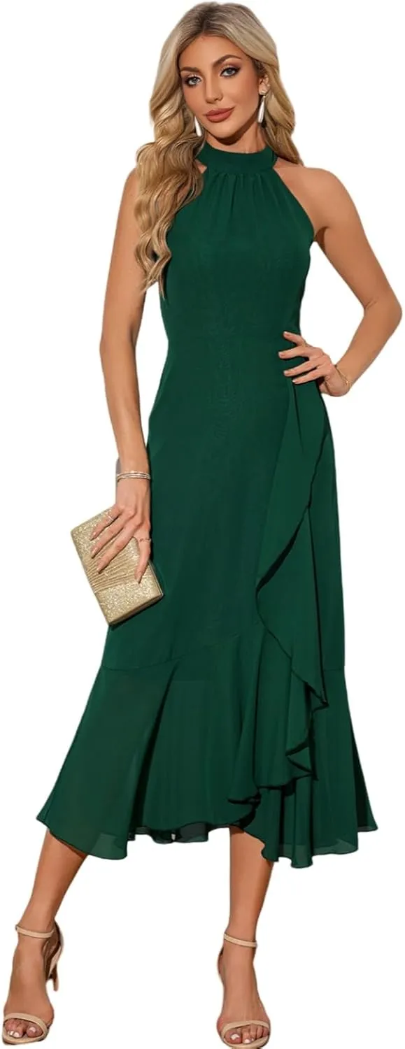 Women's Halter Elegant Cocktail Dress Asymmetrical Formal Dress Long Wedding Guest Dress Maxi Evening Party Dress