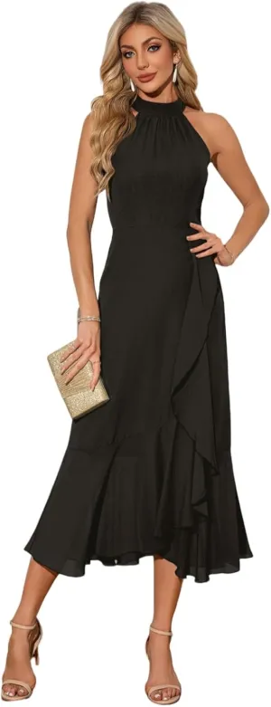 Women's Halter Elegant Cocktail Dress Asymmetrical Formal Dress Long Wedding Guest Dress Maxi Evening Party Dress