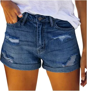 Women's High Waisted Rolled Hem Distressed Jeans Ripped Denim Shorts Stretchy Denim Jeans Shorts Hot Short Jeans