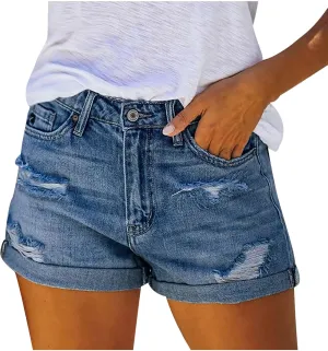 Women's High Waisted Rolled Hem Distressed Jeans Ripped Denim Shorts Stretchy Denim Jeans Shorts Hot Short Jeans