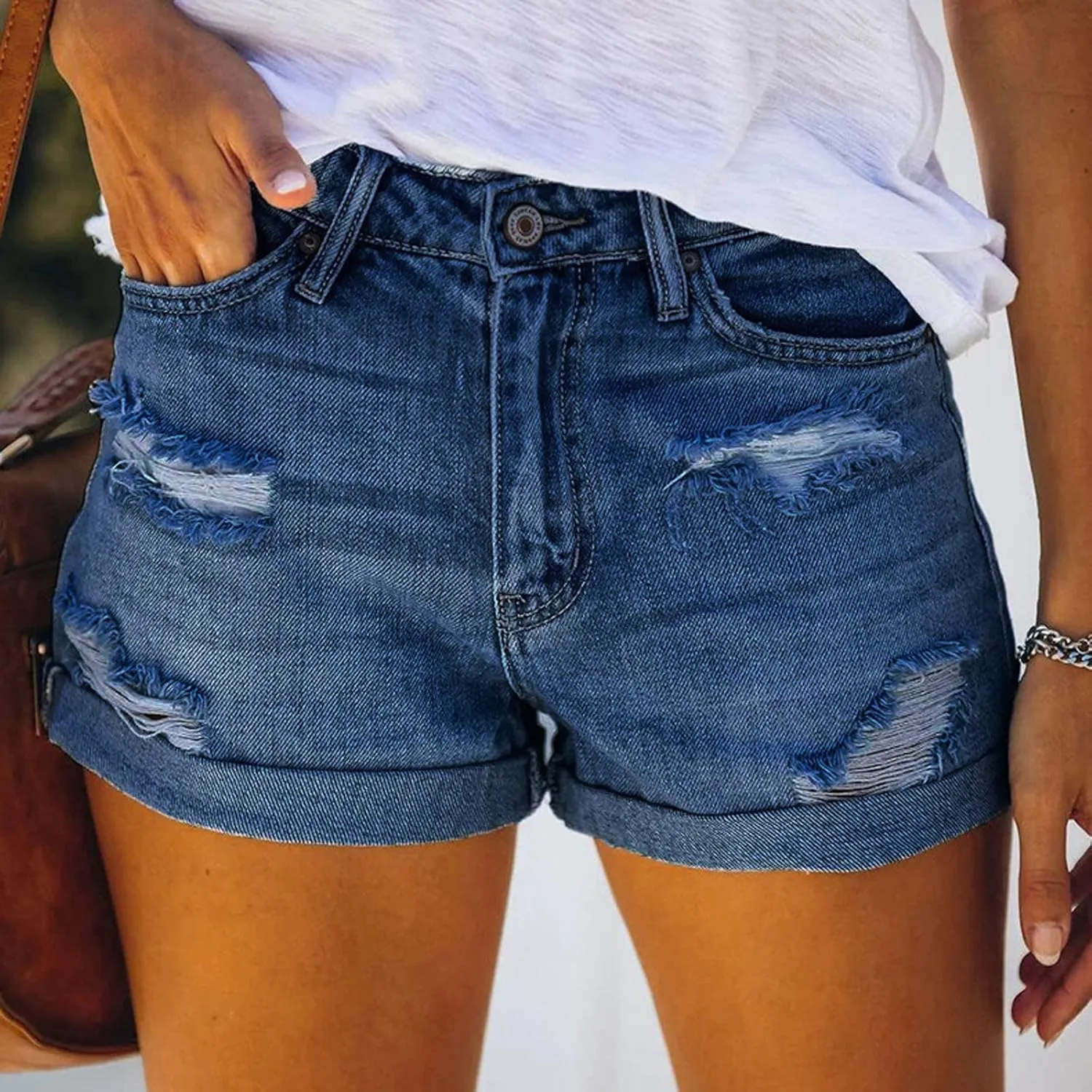 Women's High Waisted Rolled Hem Distressed Jeans Ripped Denim Shorts Stretchy Denim Jeans Shorts Hot Short Jeans