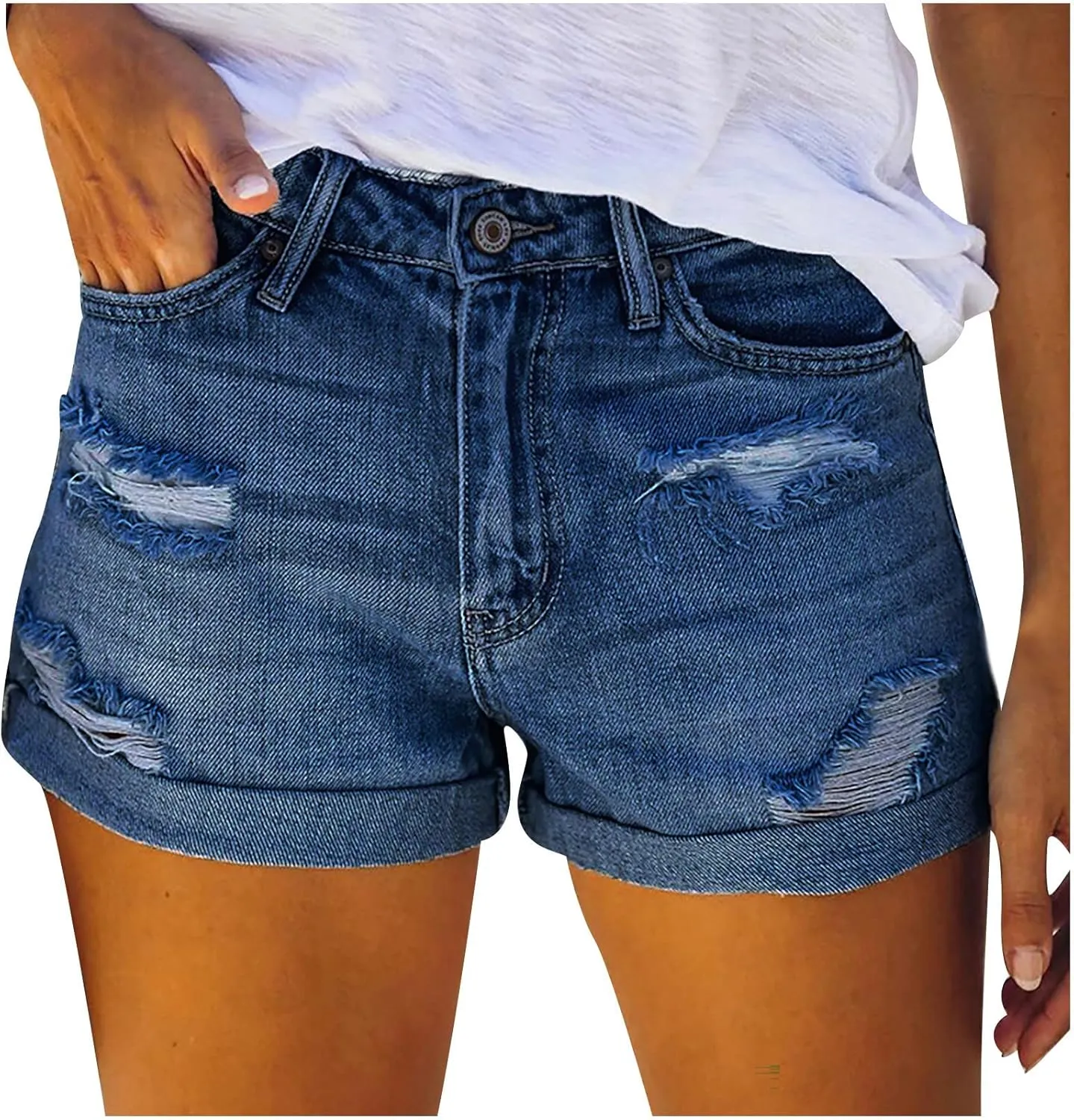 Women's High Waisted Rolled Hem Distressed Jeans Ripped Denim Shorts Stretchy Denim Jeans Shorts Hot Short Jeans