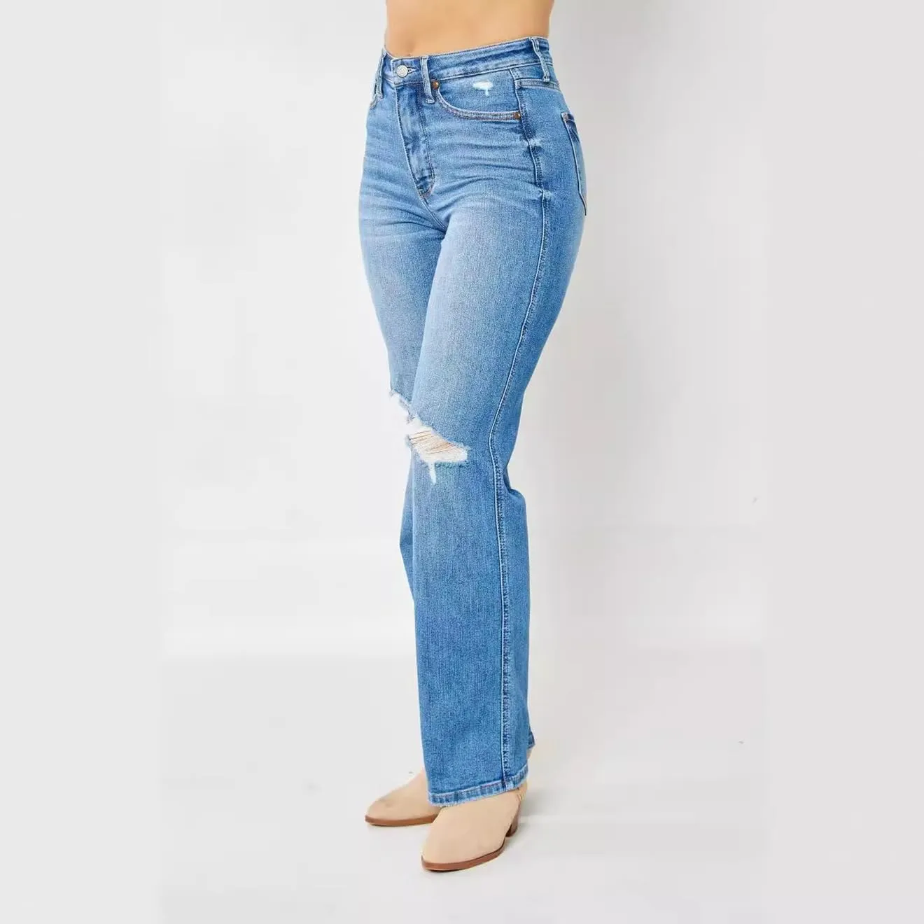 Women's Jeans High Waisted Stretch Ripped Straight Leg Jeans Frayed Destroyed Denim Pants