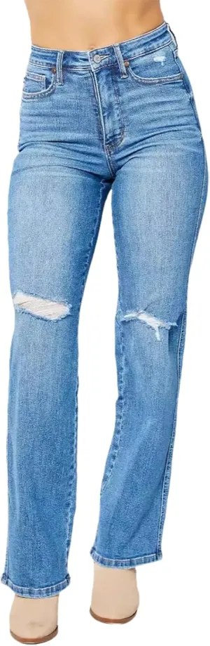 Women's Jeans High Waisted Stretch Ripped Straight Leg Jeans Frayed Destroyed Denim Pants