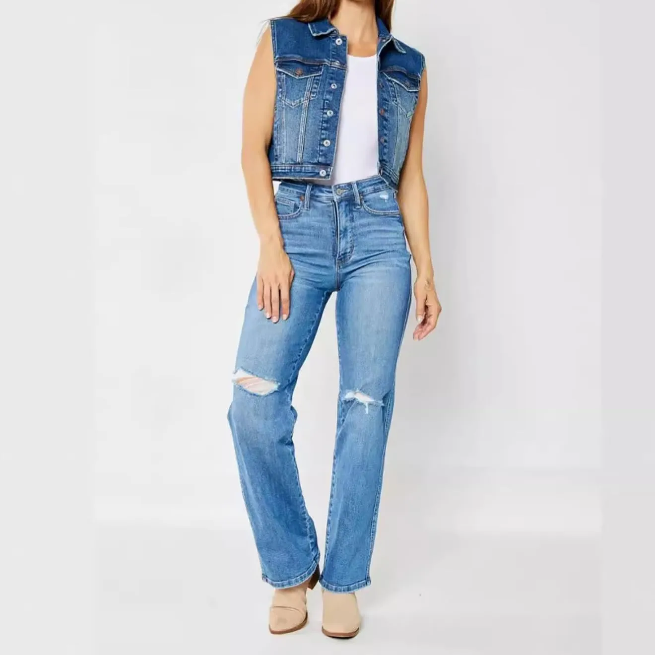 Women's Jeans High Waisted Stretch Ripped Straight Leg Jeans Frayed Destroyed Denim Pants