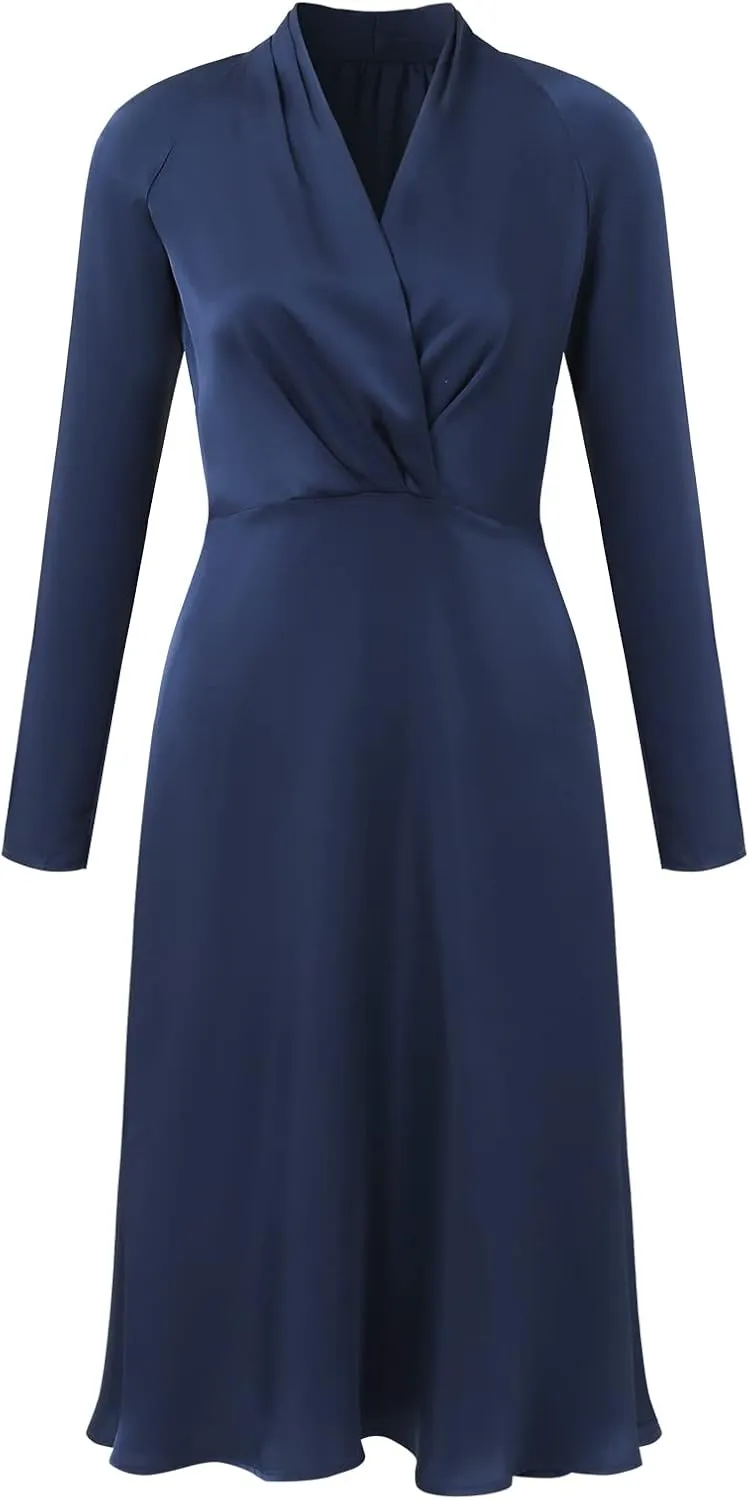 Women's Long Sleeve Cross Wrap V Neck Dress Elegant Party Midi Dress (Blue, Medium)
