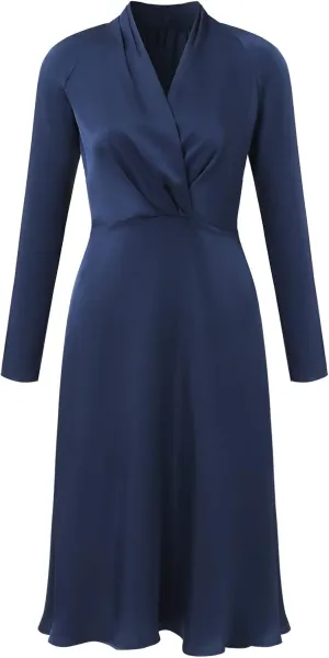 Women's Long Sleeve Cross Wrap V Neck Dress Elegant Party Midi Dress (Blue, Medium)