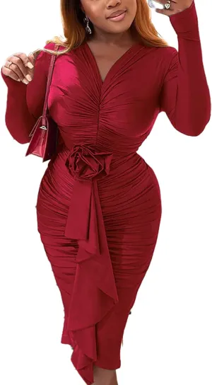 Women's Long Sleeve Ruched Bodycon Dress Sexy V Neck Cocktail Party Midi Dress
