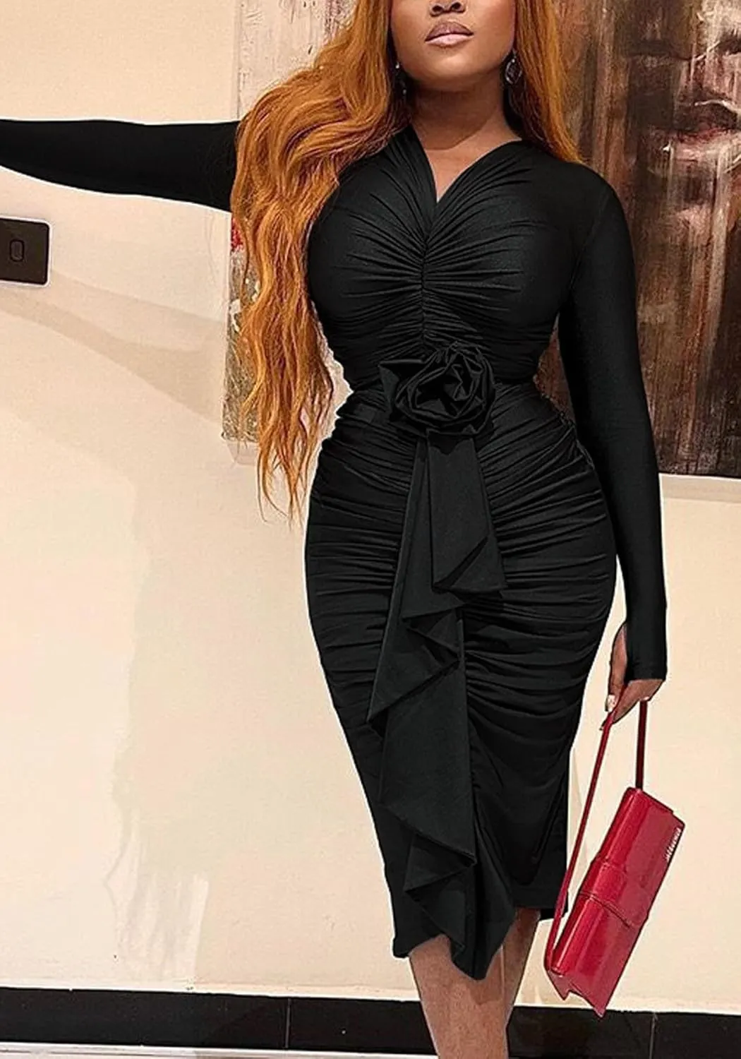 Women's Long Sleeve Ruched Bodycon Dress Sexy V Neck Cocktail Party Midi Dress