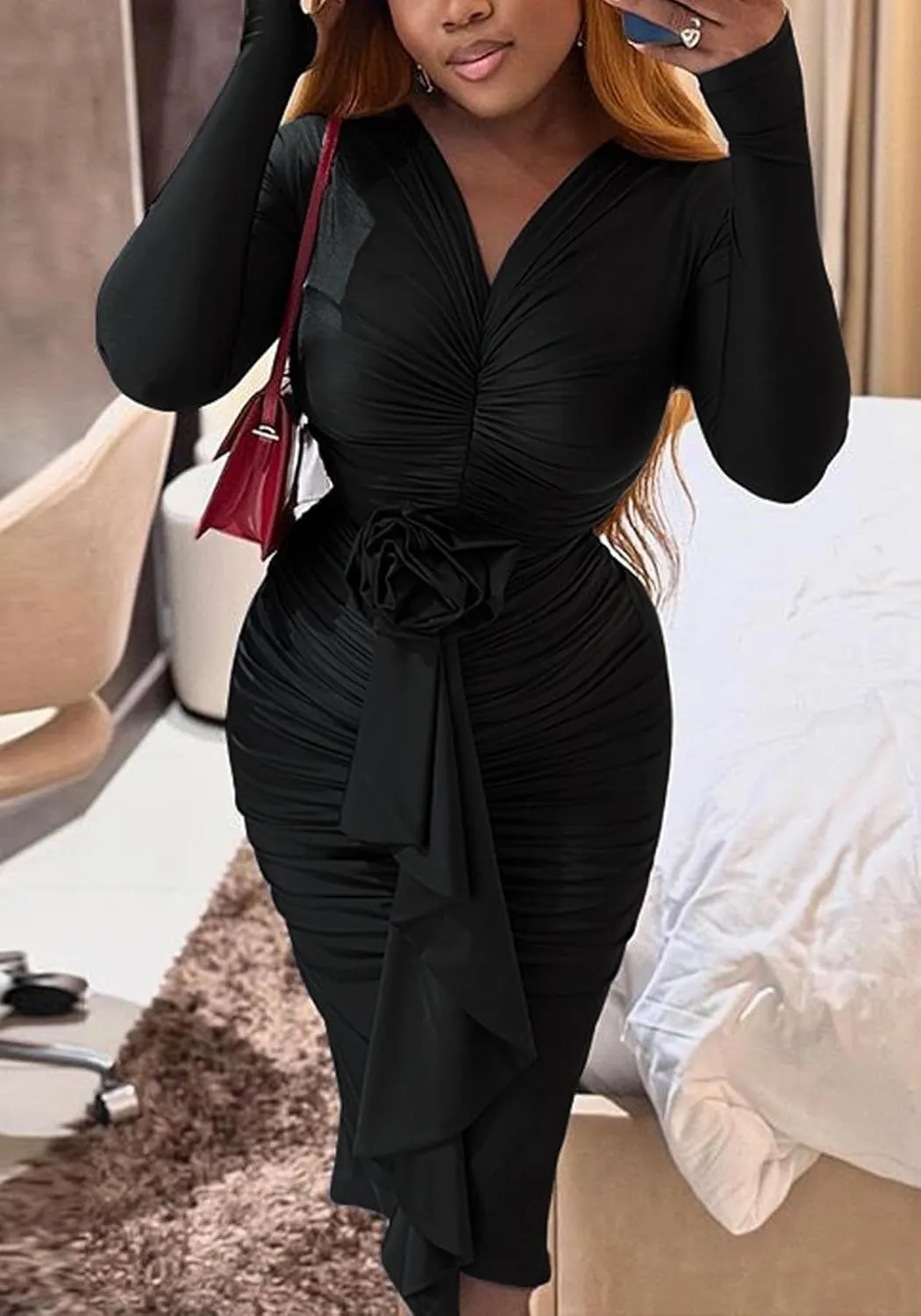 Women's Long Sleeve Ruched Bodycon Dress Sexy V Neck Cocktail Party Midi Dress