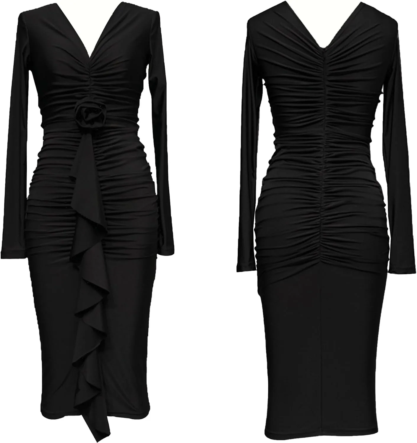 Women's Long Sleeve Ruched Bodycon Dress Sexy V Neck Cocktail Party Midi Dress