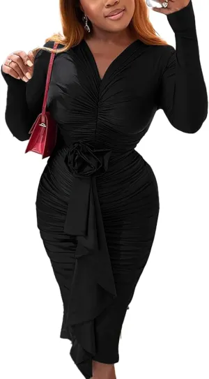 Women's Long Sleeve Ruched Bodycon Dress Sexy V Neck Cocktail Party Midi Dress