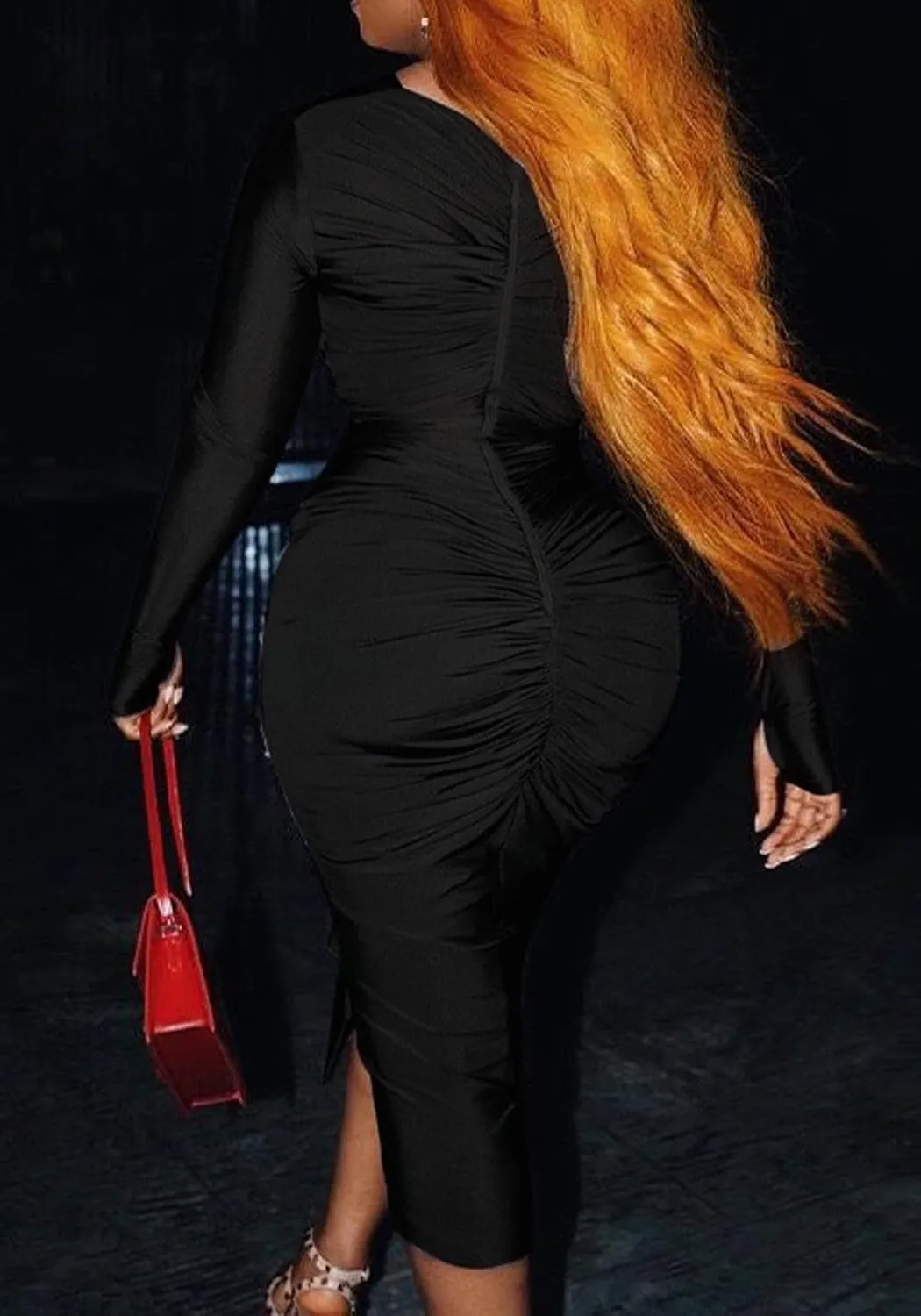 Women's Long Sleeve Ruched Bodycon Dress Sexy V Neck Cocktail Party Midi Dress