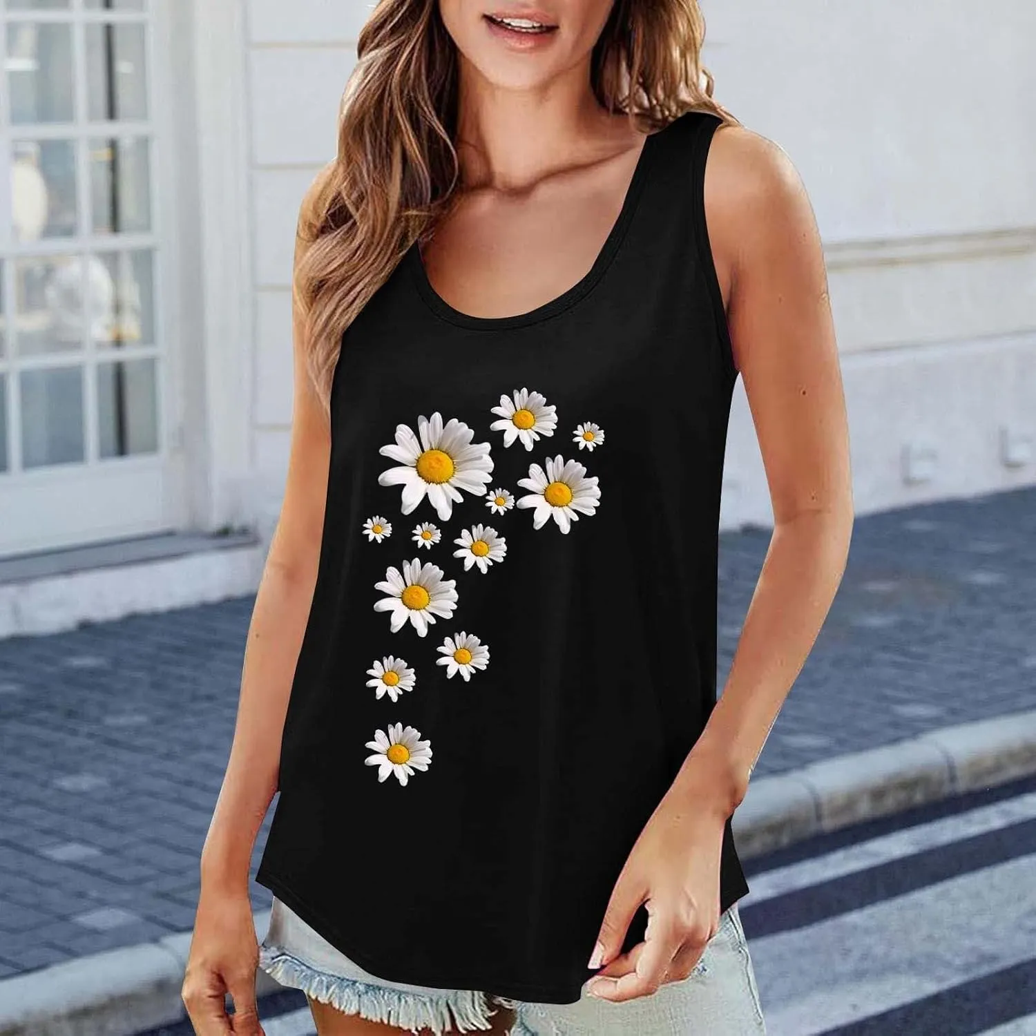Womens Loose Fit Casual Flowy Tank Tops 2D Printed Casual Loose and Versatile Vest Suspender Plus Sleeveless Shirts