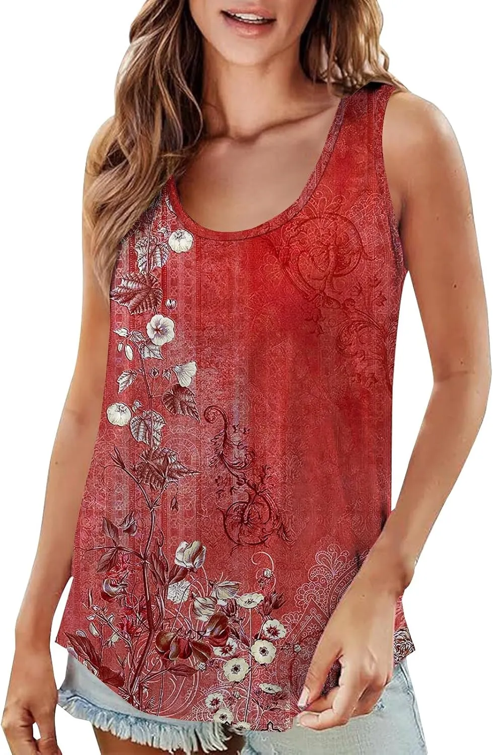 Womens Loose Fit Casual Flowy Tank Tops 2D Printed Casual Loose and Versatile Vest Suspender Plus Sleeveless Shirts