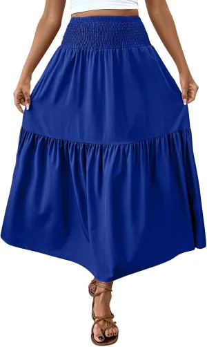 Womens Maxi Skirts Elastic High Waist A Line Flowy Long Skirts Summer Casual Layered Smocked Ruched Beach Skirt