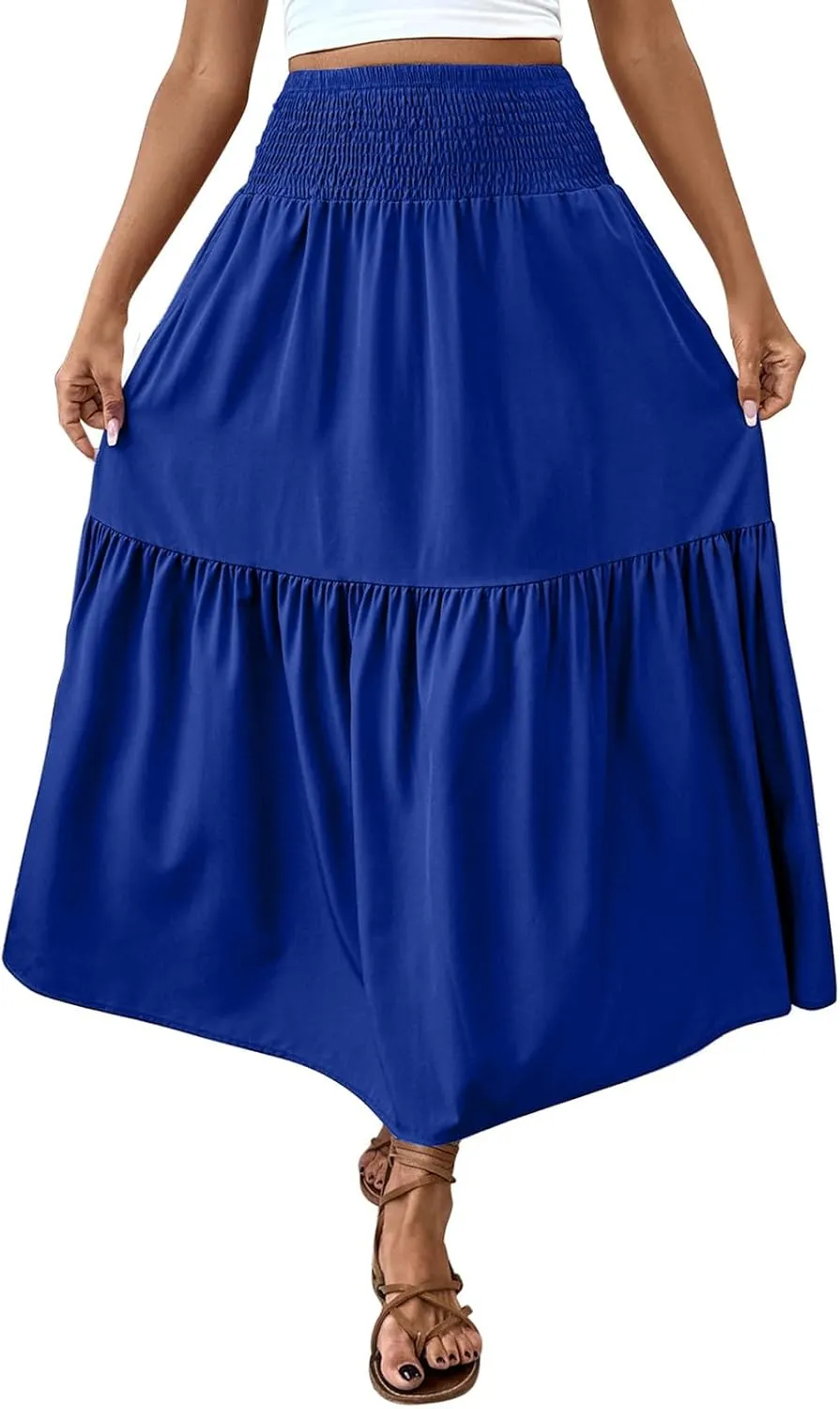 Womens Maxi Skirts Elastic High Waist A Line Flowy Long Skirts Summer Casual Layered Smocked Ruched Beach Skirt