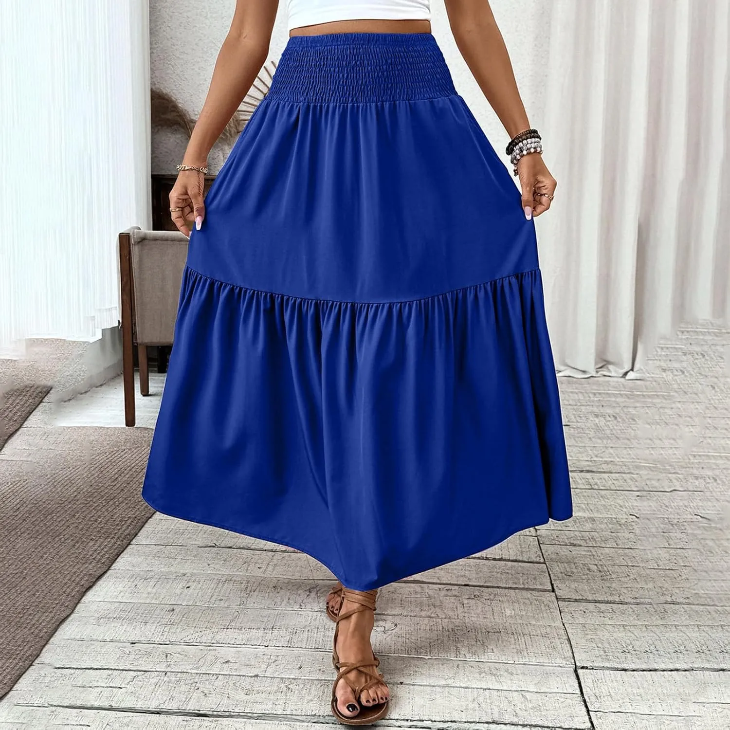 Womens Maxi Skirts Elastic High Waist A Line Flowy Long Skirts Summer Casual Layered Smocked Ruched Beach Skirt