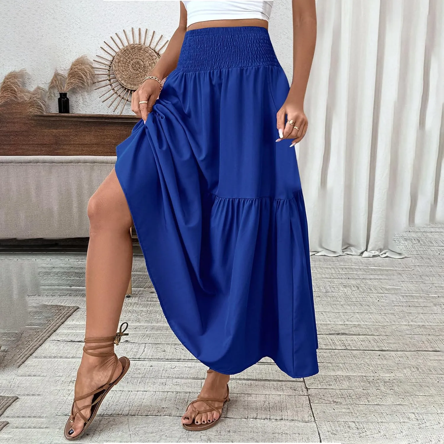 Womens Maxi Skirts Elastic High Waist A Line Flowy Long Skirts Summer Casual Layered Smocked Ruched Beach Skirt