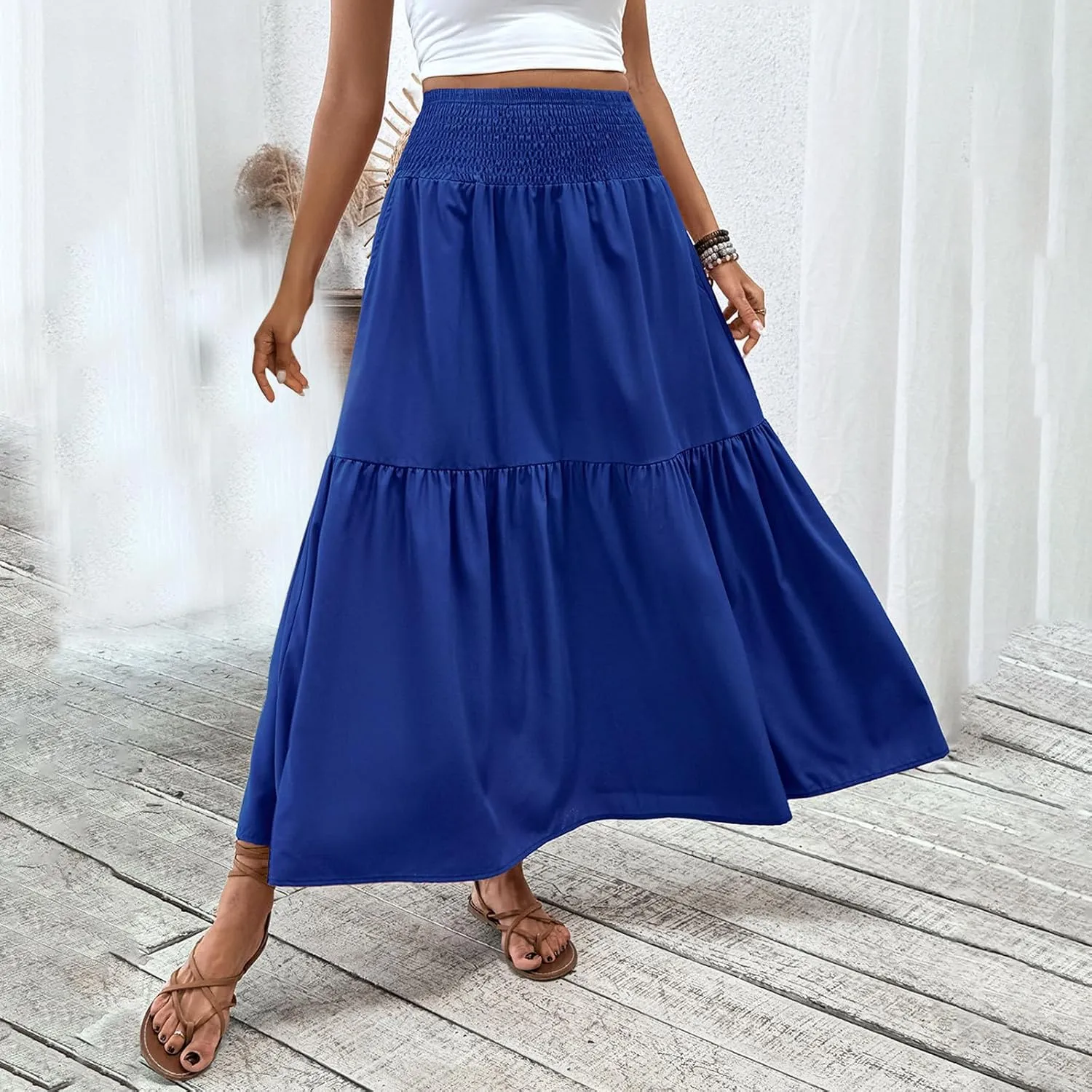 Womens Maxi Skirts Elastic High Waist A Line Flowy Long Skirts Summer Casual Layered Smocked Ruched Beach Skirt
