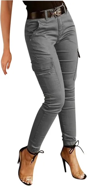 Women's Mid Waist Solid Button Cargo Pants with Pockets Casual Trendy Straight Leg Slim Fitted Trousers Comfy Versatile Pant