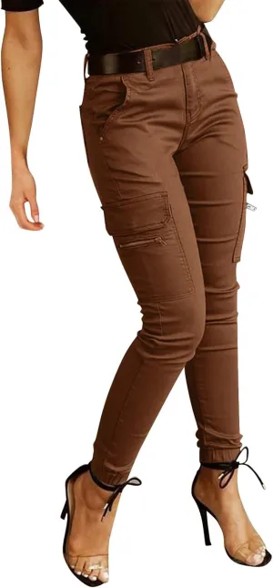 Women's Mid Waist Solid Button Cargo Pants with Pockets Casual Trendy Straight Leg Slim Fitted Trousers Comfy Versatile Pant