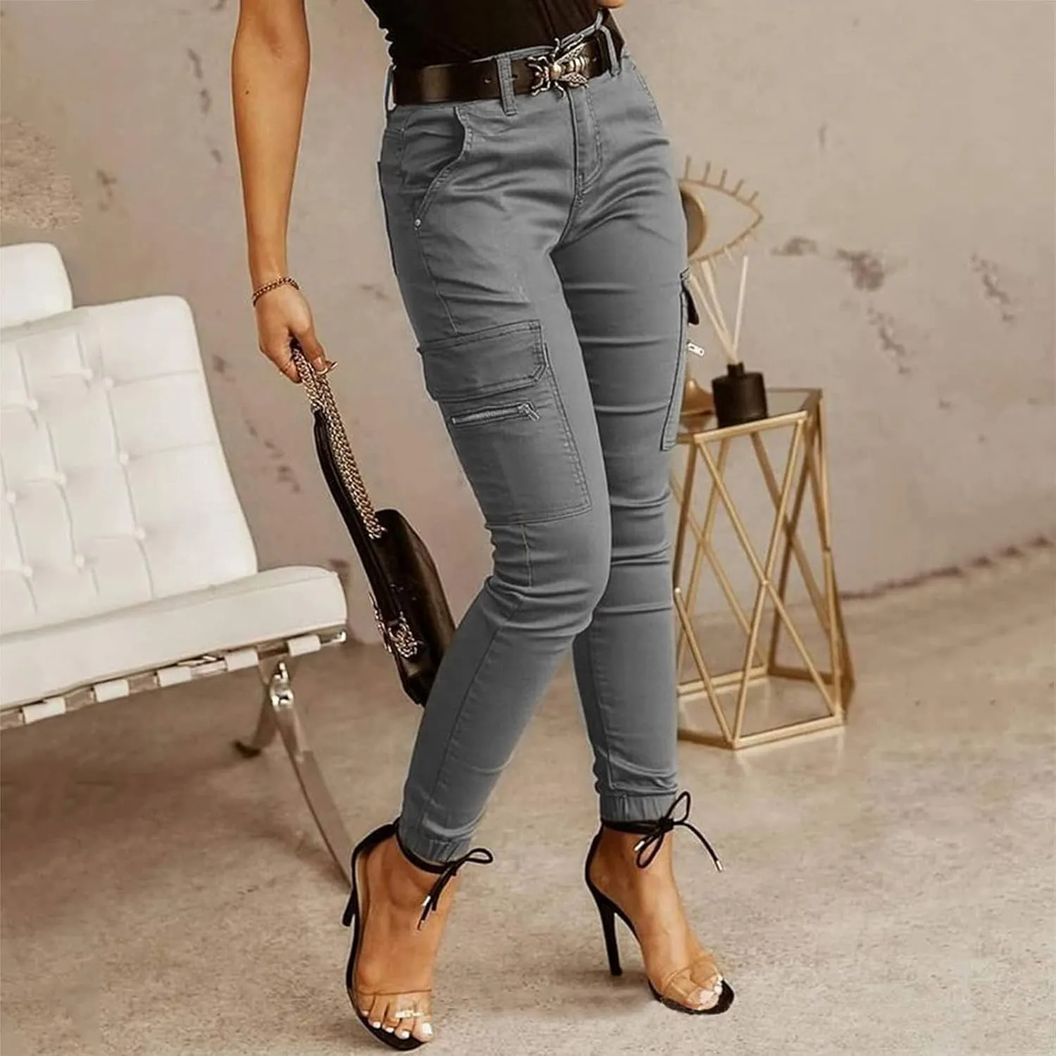 Women's Mid Waist Solid Button Cargo Pants with Pockets Casual Trendy Straight Leg Slim Fitted Trousers Comfy Versatile Pant
