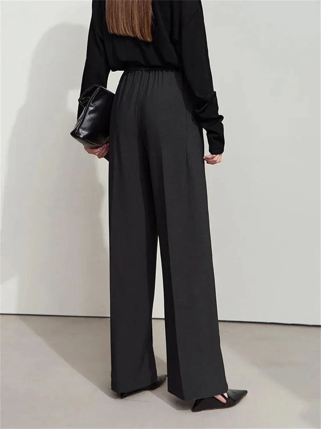 Women’s Minimalist Drawstring Waist Wide-Leg Pants Year-Round Commuter Casual Trousers