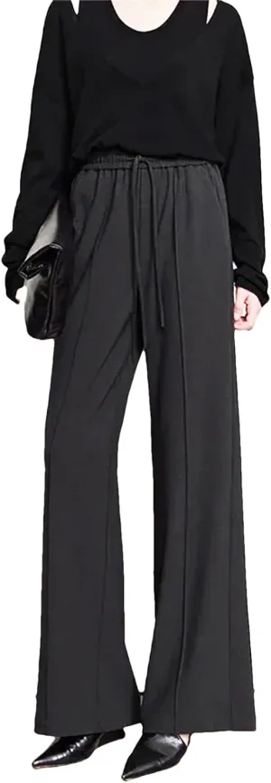 Women’s Minimalist Drawstring Waist Wide-Leg Pants Year-Round Commuter Casual Trousers