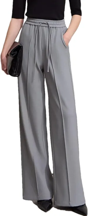 Women’s Minimalist Drawstring Waist Wide-Leg Pants Year-Round Commuter Casual Trousers