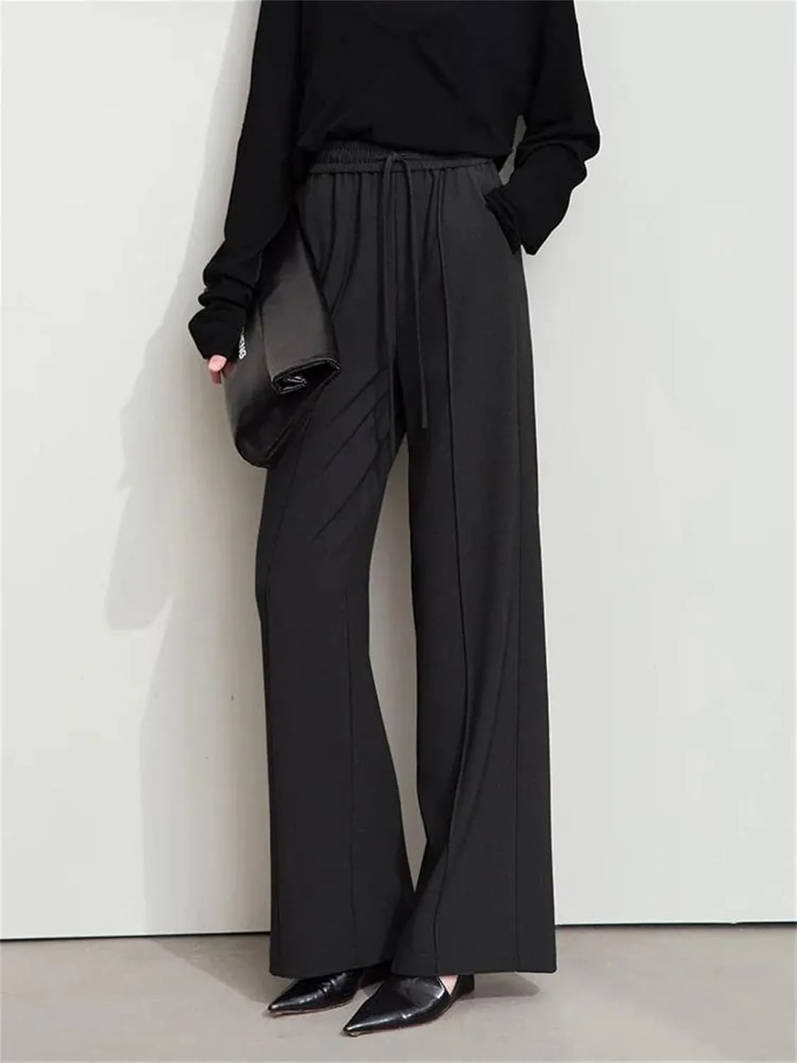 Women’s Minimalist Drawstring Waist Wide-Leg Pants Year-Round Commuter Casual Trousers