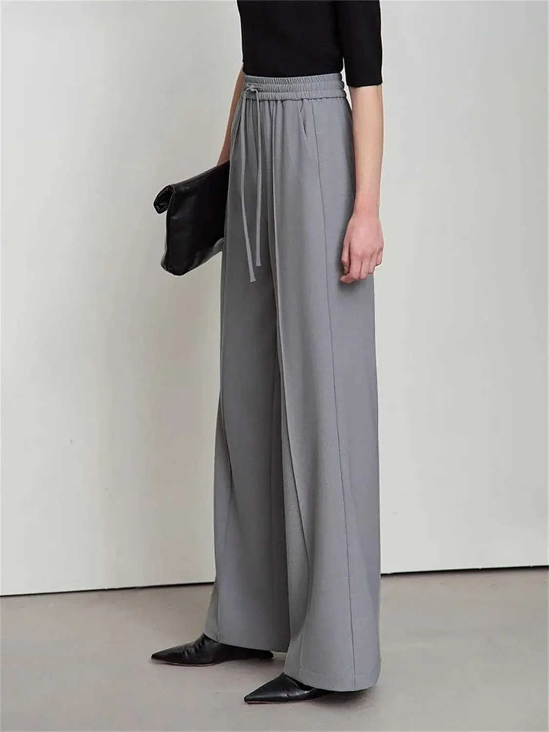 Women’s Minimalist Drawstring Waist Wide-Leg Pants Year-Round Commuter Casual Trousers