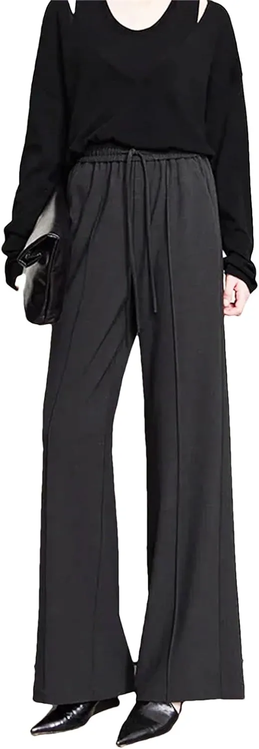 Women’s Minimalist Drawstring Waist Wide-Leg Pants Year-Round Commuter Casual Trousers
