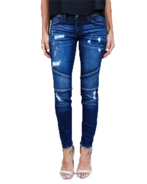 Womens Motorcycle Biker Jeans Women Skinny Pleated Jeans Mid Waist Stretch Skinny Denim Pants Motor Jeans (Medium,Dark Blue)