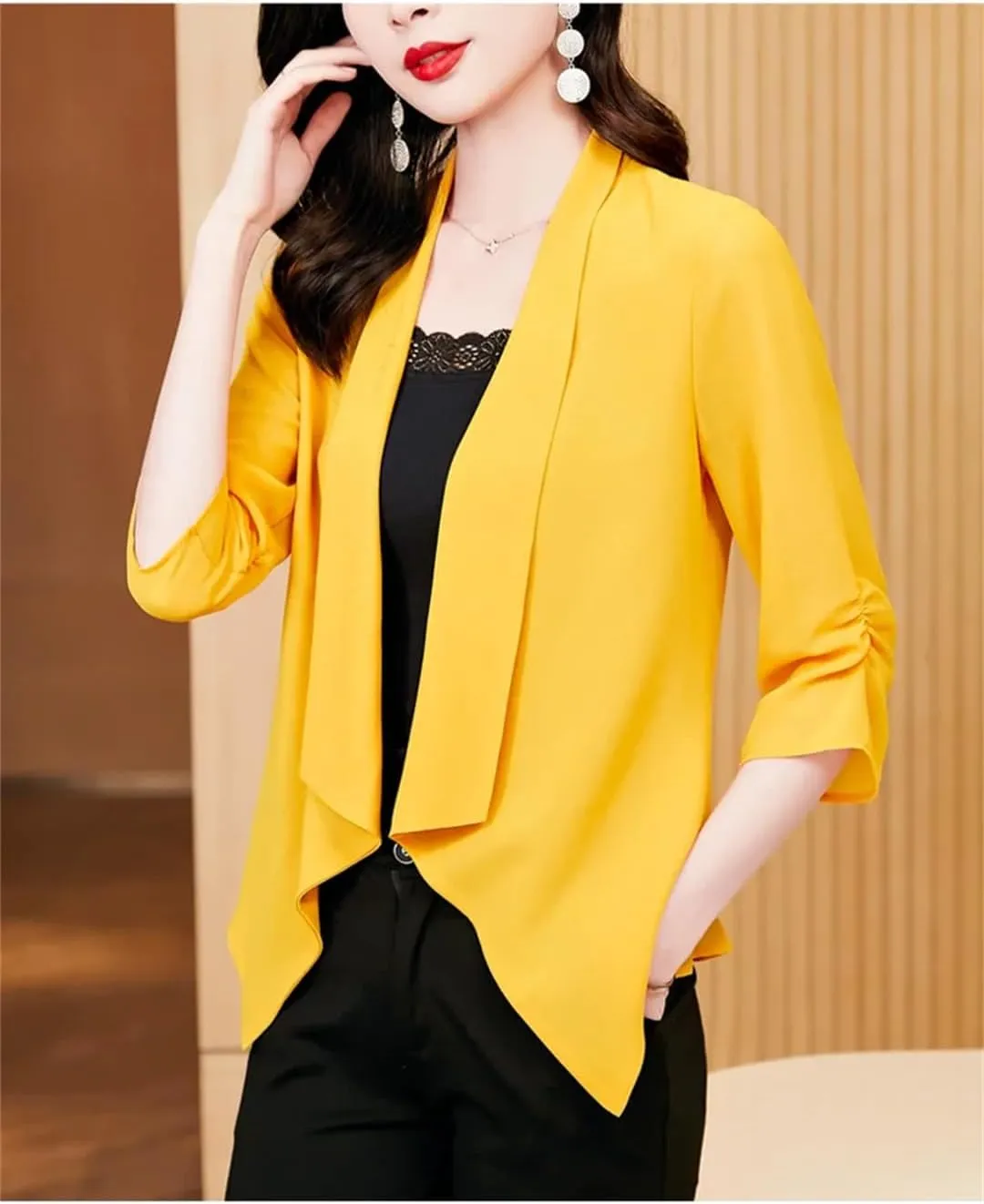 Women's Open Front Cardigan Spring Summer Ruched Sleeve Chiffon Cover Up Jacket Top