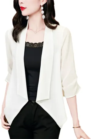 Women's Open Front Cardigan Spring Summer Ruched Sleeve Chiffon Cover Up Jacket Top