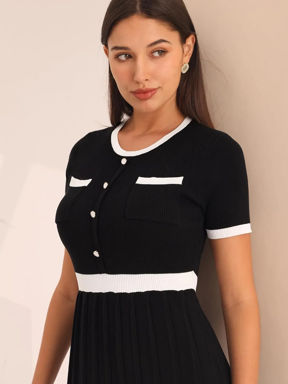 Women's Pleated Sweater Dress Ribbed Contrast Color Elegant Dress