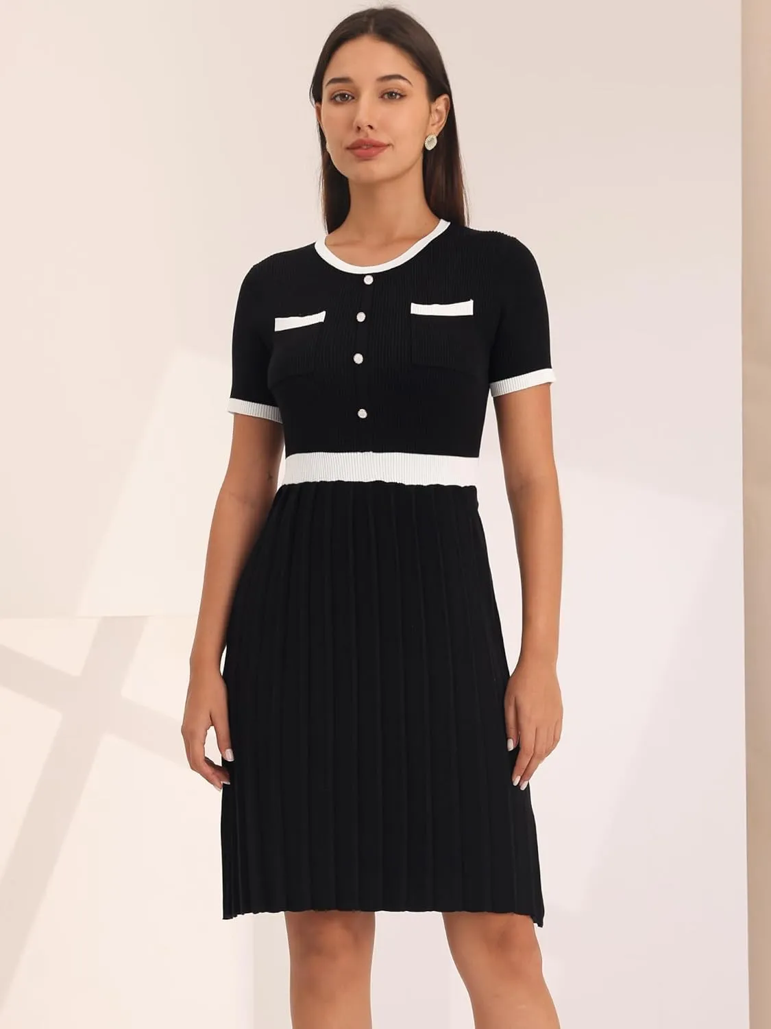 Women's Pleated Sweater Dress Ribbed Contrast Color Elegant Dress